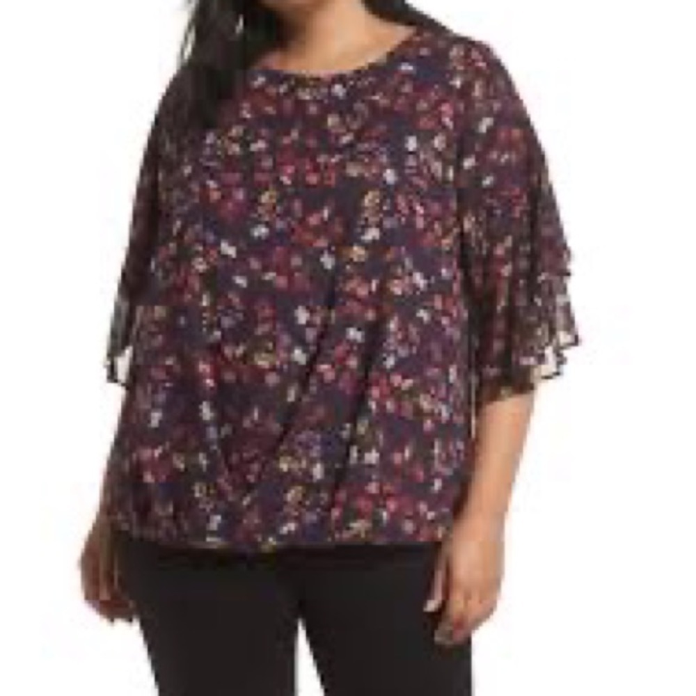 Vince Camuto Womens Ruffle Blouse, Floral Top Purple, 1X Short Bell Sleeves - Picture 2 of 4